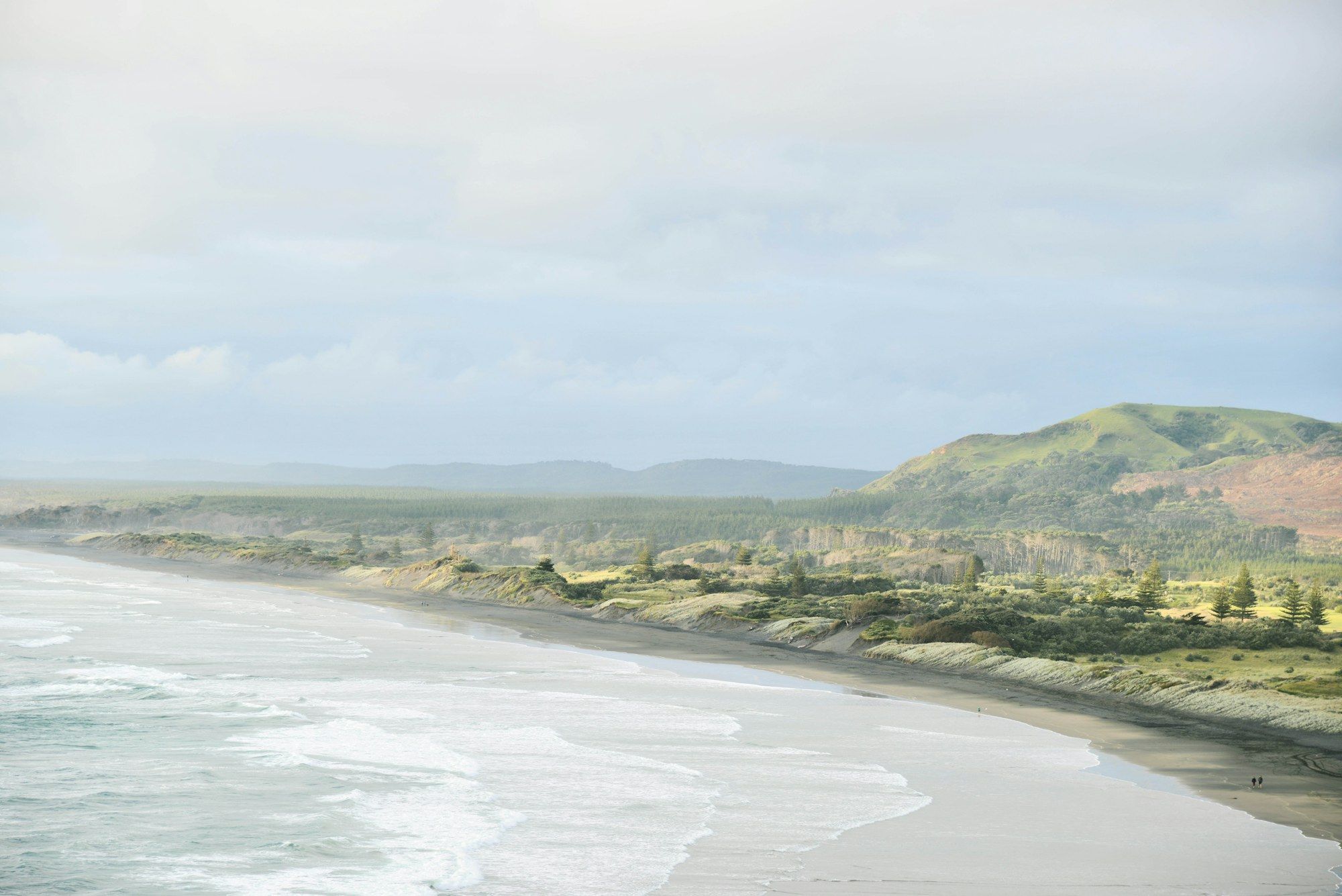Green hills meeting a wide, quiet beach on the New Zealand coast
